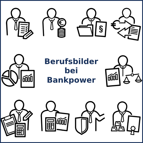 Icons der Berufsbilder bei Bankpower: Auditor, Bankkaufmann, Business Analyst, Controller, Kreditsachbearbeiter